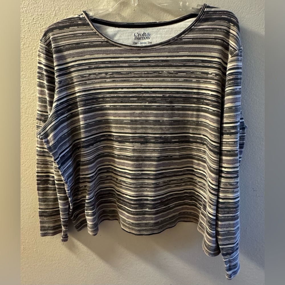 Croft & Barrow Classic Tee Womens Size XL Brown Striped Long Sleeve Stretch